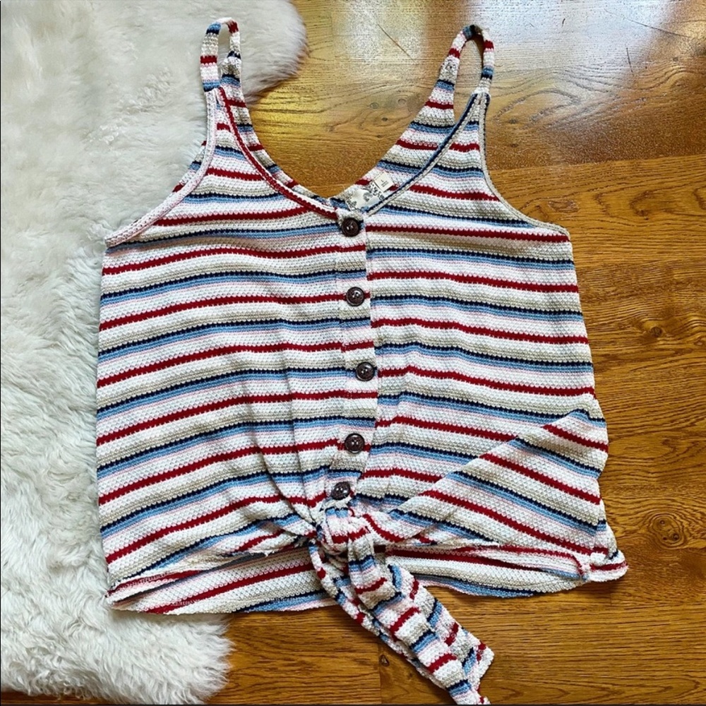 Blu Pepper Red Blue Striped Button Tie Front Tank